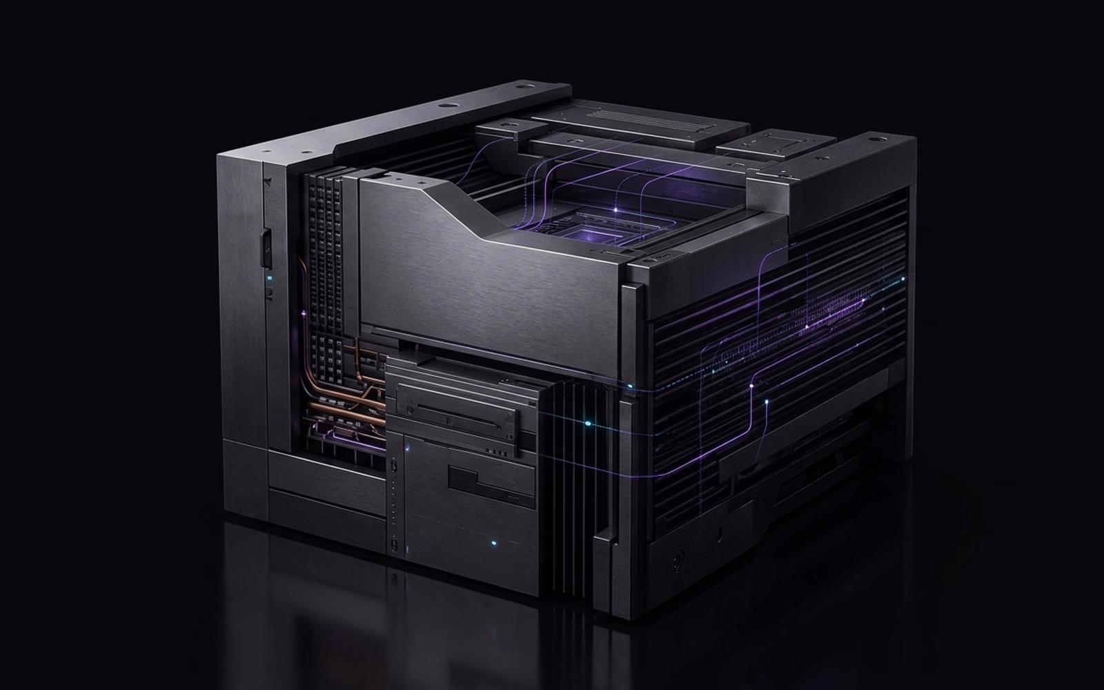 A dark desktop tower with a violet-lit interior and fine cyan signal lines.